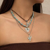 Chic 3Pcs Cactus Cowboy Hat Floral Pendant Turquoise Necklace Set - ArtGalleryZen
