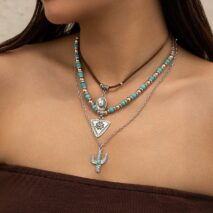 Chic 3Pcs Cactus Cowboy Hat Floral Pendant Turquoise Necklace Set - ArtGalleryZen