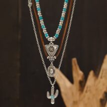 Chic 3Pcs Cactus Cowboy Hat Floral Pendant Turquoise Necklace Set - ArtGalleryZen