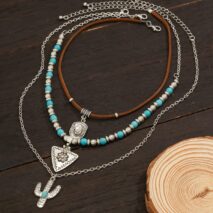 Chic 3Pcs Cactus Cowboy Hat Floral Pendant Turquoise Necklace Set - ArtGalleryZen
