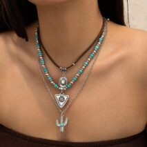 Chic 3Pcs Cactus Cowboy Hat Floral Pendant Turquoise Necklace Set - ArtGalleryZen