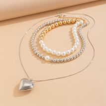 Chic 3pcs Gold Silver Plated Heart Pendant Pearl Chain Necklace Set - ArtGalleryZen
