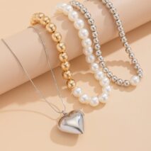 Chic 3pcs Gold Silver Plated Heart Pendant Pearl Chain Necklace Set - ArtGalleryZen
