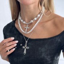 Chic 3pcs Rhinestone Inlaid Hollow Cross Pendant Pearl Chain Necklace Set - ArtGalleryZen