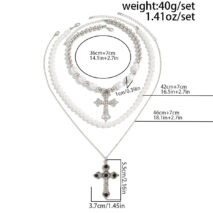 Chic 3pcs Rhinestone Inlaid Hollow Cross Pendant Pearl Chain Necklace Set - ArtGalleryZen