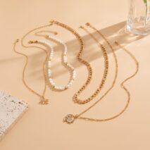 Chic 4pcs Rhinestone Inlaid Sun Moon Pendant Pearl Chain Necklace Set - ArtGalleryZen