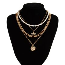 Chic 4pcs Rhinestone Inlaid Sun Moon Pendant Pearl Chain Necklace Set - ArtGalleryZen