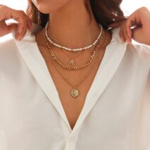 Chic 4pcs Rhinestone Inlaid Sun Moon Pendant Pearl Chain Necklace Set - ArtGalleryZen