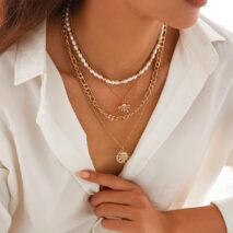 Chic 4pcs Rhinestone Inlaid Sun Moon Pendant Pearl Chain Necklace Set - ArtGalleryZen