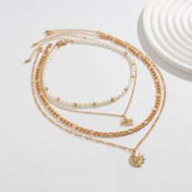 Chic 4pcs Rhinestone Inlaid Sun Moon Pendant Pearl Chain Necklace Set - ArtGalleryZen