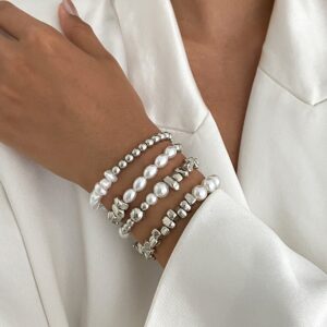 Chic 4pcs Silver Tone Irregular Pearl Beaded Chain Bracelet Set - ArtGalleryZen