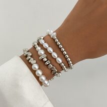 Chic 4pcs Silver Tone Irregular Pearl Beaded Chain Bracelet Set - ArtGalleryZen