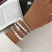 Chic 4pcs Silver Tone Irregular Pearl Beaded Chain Bracelet Set - ArtGalleryZen