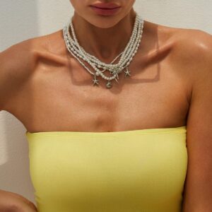 Chic 5pcs Bowknot Shell Starfish Pendant Pearl Chain Necklace Set - ArtGalleryZen