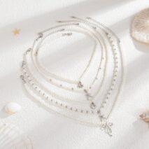 Chic 5pcs Bowknot Shell Starfish Pendant Pearl Chain Necklace Set - ArtGalleryZen