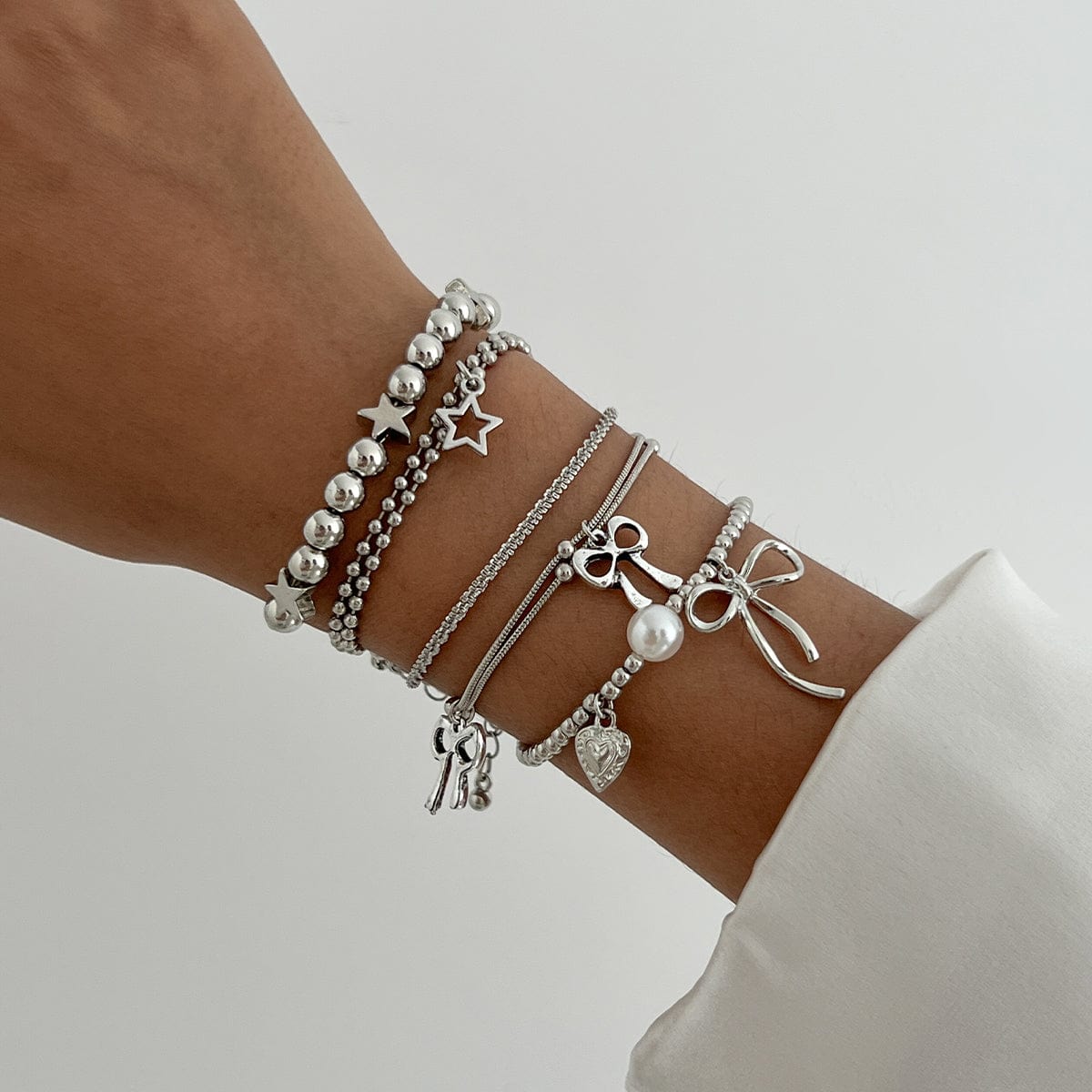 Chic 5pcs Bow Star Heart Tassel Pearl Ball Chain Bracelet Set - ArtGalleryZen