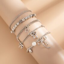 Chic 5pcs Bow Star Heart Tassel Pearl Ball Chain Bracelet Set - ArtGalleryZen