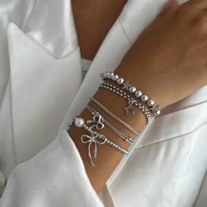 Chic 5pcs Bow Star Heart Tassel Pearl Ball Chain Bracelet Set - ArtGalleryZen