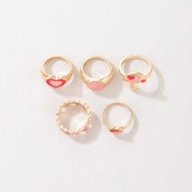 Chic 5 Pieces Pink Enamel Heart Ring Set - ArtGalleryZen