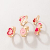 Chic 5 Pieces Pink Enamel Heart Ring Set - ArtGalleryZen
