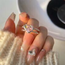 Chic Adjustable Pink Crystal Heart Ring - ArtGalleryZen