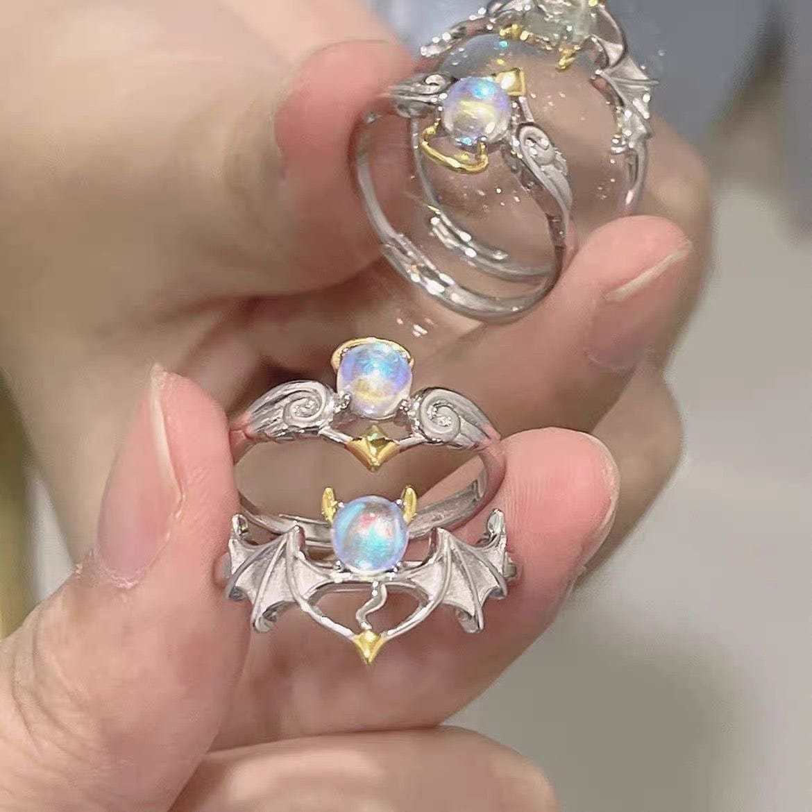 Chic Antique Angel And Devil Matching Opal Ring Set - ArtGalleryZen