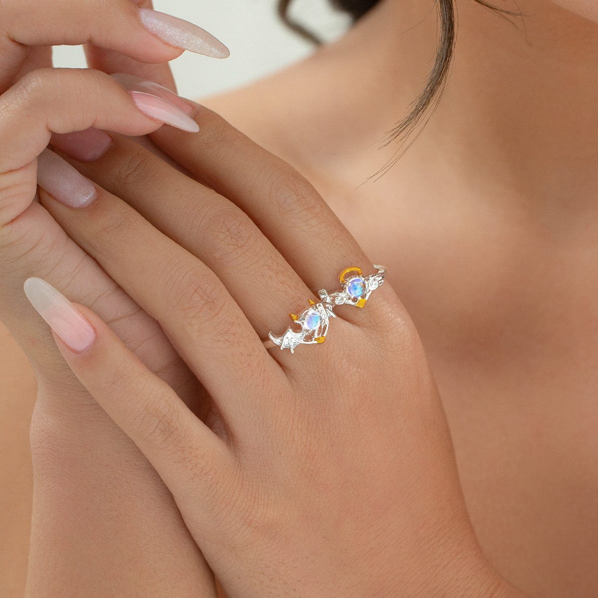 Chic Antique Angel And Devil Matching Opal Ring Set - ArtGalleryZen