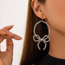 Chic Beaded Bowknot Dangle Hoop Earrings - ArtGalleryZen