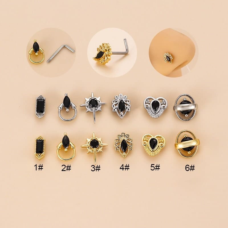 Chic Black CZ Inlaid Stainless Steel Antique Heart Star Nose Piercing Nose Stud - ArtGalleryZen