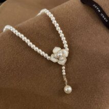 Chic Camellia Pearl Chain Choker Necklace - ArtGalleryZen