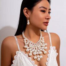 Chic Chunky Pearl Tassel Chain Necklace Earrings Set - ArtGalleryZen