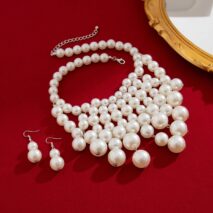 Chic Chunky Pearl Tassel Chain Necklace Earrings Set - ArtGalleryZen
