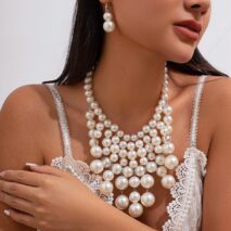Chic Chunky Pearl Tassel Chain Necklace Earrings Set - ArtGalleryZen