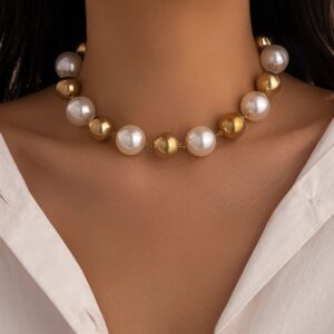 Chic Chunky Two Tone Pearl Chain Choker Necklace - ArtGalleryZen
