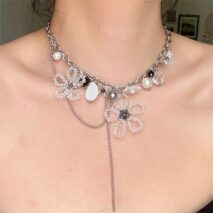Chic Colorful Butterfly Crystal Flower Pendant Pearl Tassel Chain Necklace - ArtGalleryZen
