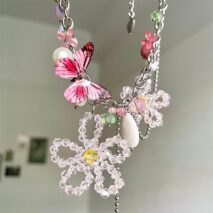 Chic Colorful Butterfly Crystal Flower Pendant Pearl Tassel Chain Necklace - ArtGalleryZen