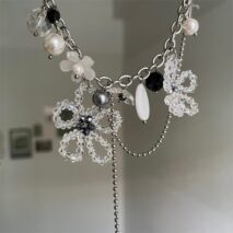 Chic Colorful Butterfly Crystal Flower Pendant Pearl Tassel Chain Necklace - ArtGalleryZen