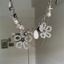 Chic Colorful Butterfly Crystal Flower Pendant Pearl Tassel Chain Necklace - ArtGalleryZen