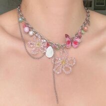 Chic Colorful Butterfly Crystal Flower Pendant Pearl Tassel Chain Necklace - ArtGalleryZen