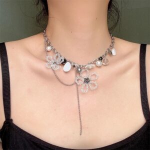 Chic Colorful Butterfly Crystal Flower Pendant Pearl Tassel Chain Necklace - ArtGalleryZen