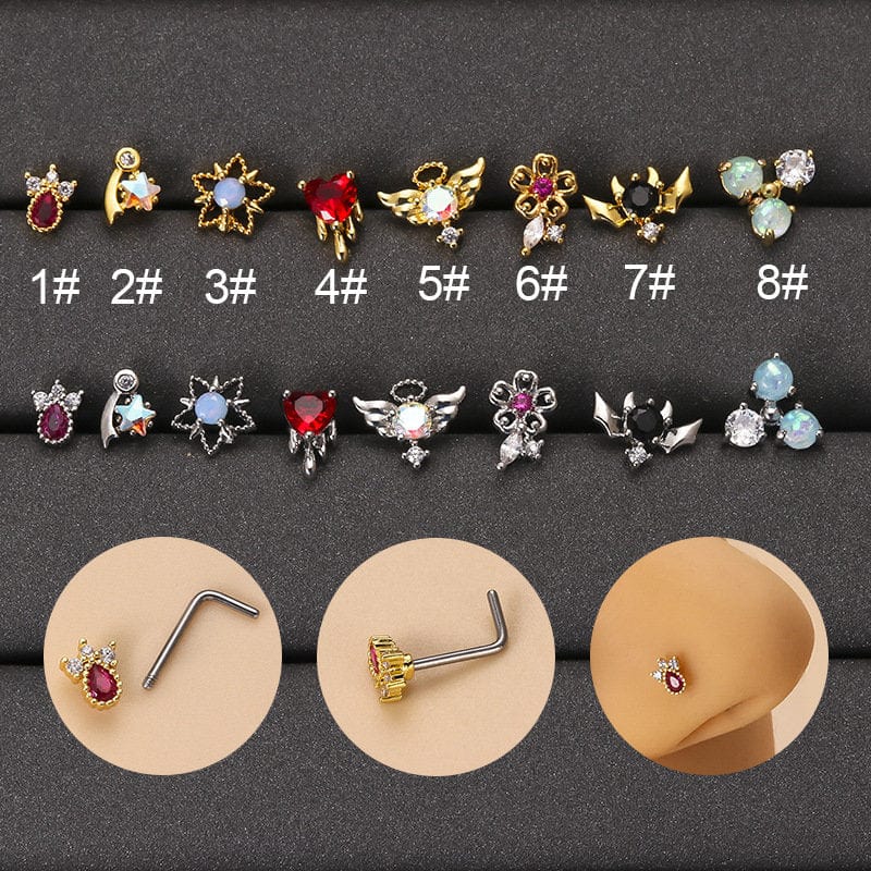 Chic Colorful CZ Inlaid Stainless Steel Angel Wings Heart Star Nose Piercing Nose Stud - ArtGalleryZen