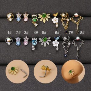 Chic Colorful CZ Inlaid Stainless Steel Floral Moon Star Nose Piercing Nose Stud - ArtGalleryZen