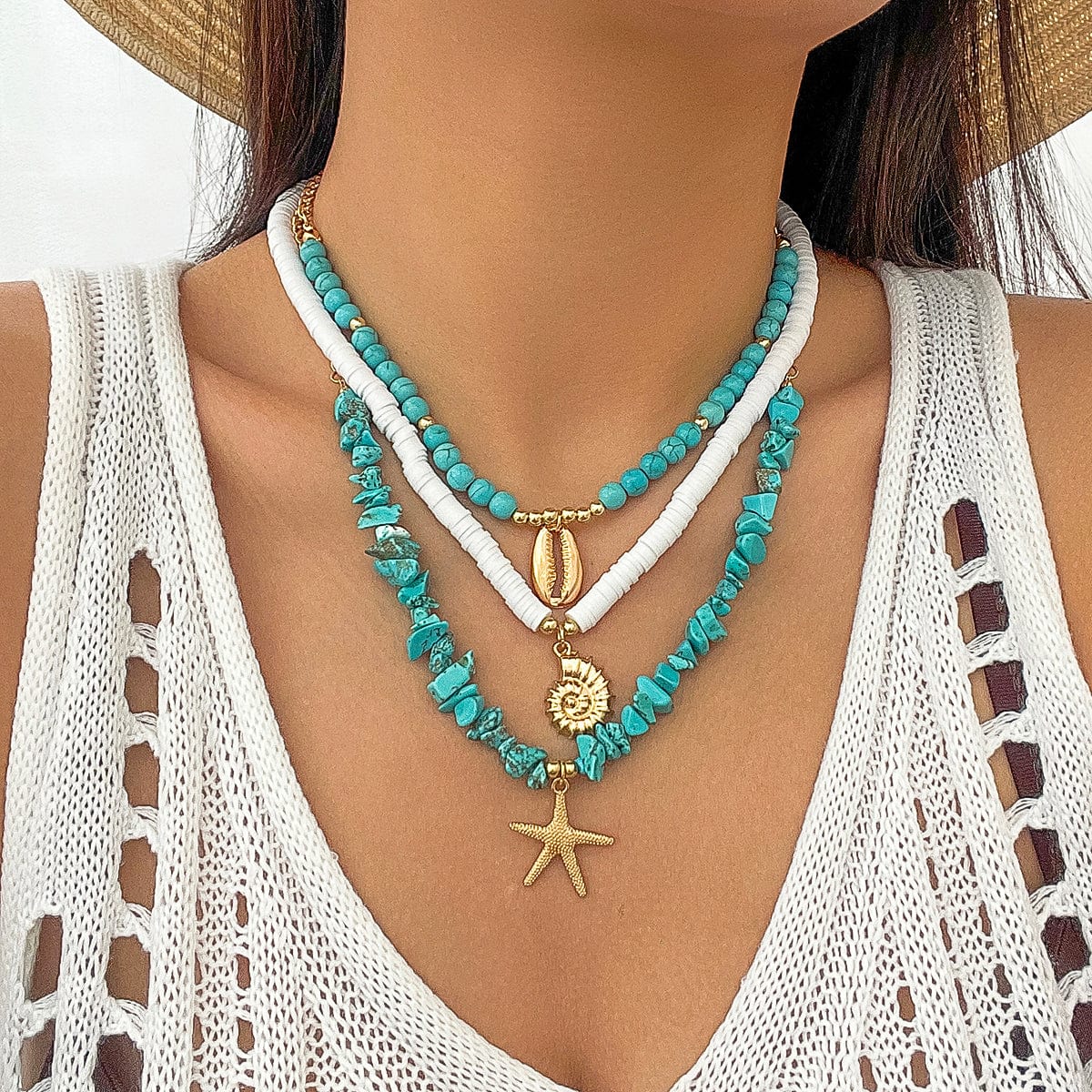 Chic Conch Starfish Pendant Turquoise Polymer Clay Chain Necklace Set - ArtGalleryZen