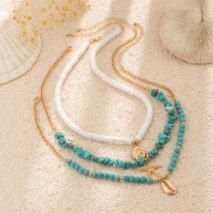 Chic Conch Starfish Pendant Turquoise Polymer Clay Chain Necklace Set - ArtGalleryZen