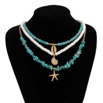 Chic Conch Starfish Pendant Turquoise Polymer Clay Chain Necklace Set - ArtGalleryZen