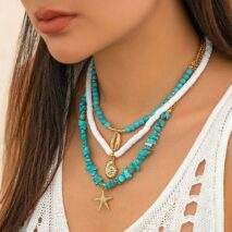 Chic Conch Starfish Pendant Turquoise Polymer Clay Chain Necklace Set - ArtGalleryZen