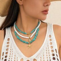 Chic Conch Starfish Pendant Turquoise Polymer Clay Chain Necklace Set - ArtGalleryZen