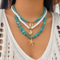 Chic Conch Starfish Pendant Turquoise Polymer Clay Chain Necklace Set - ArtGalleryZen