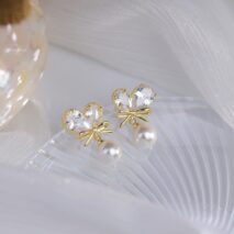 Chic Crystal Bowknot Heart Dangle Pearl Earrings - ArtGalleryZen
