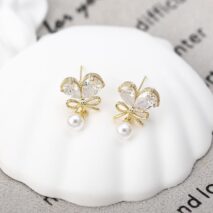 Chic Crystal Bowknot Heart Dangle Pearl Earrings - ArtGalleryZen